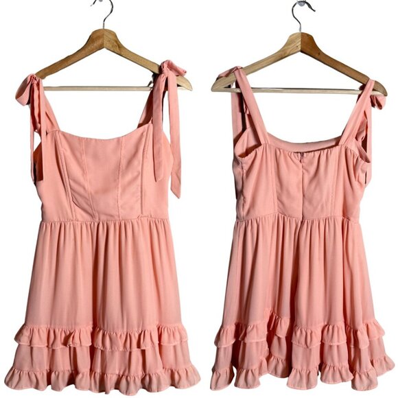 Lucy in the Sky Netty Corset Ruffle Mini Dress Womens Small Pink Bows Girly Chic - Picture 2 of 14